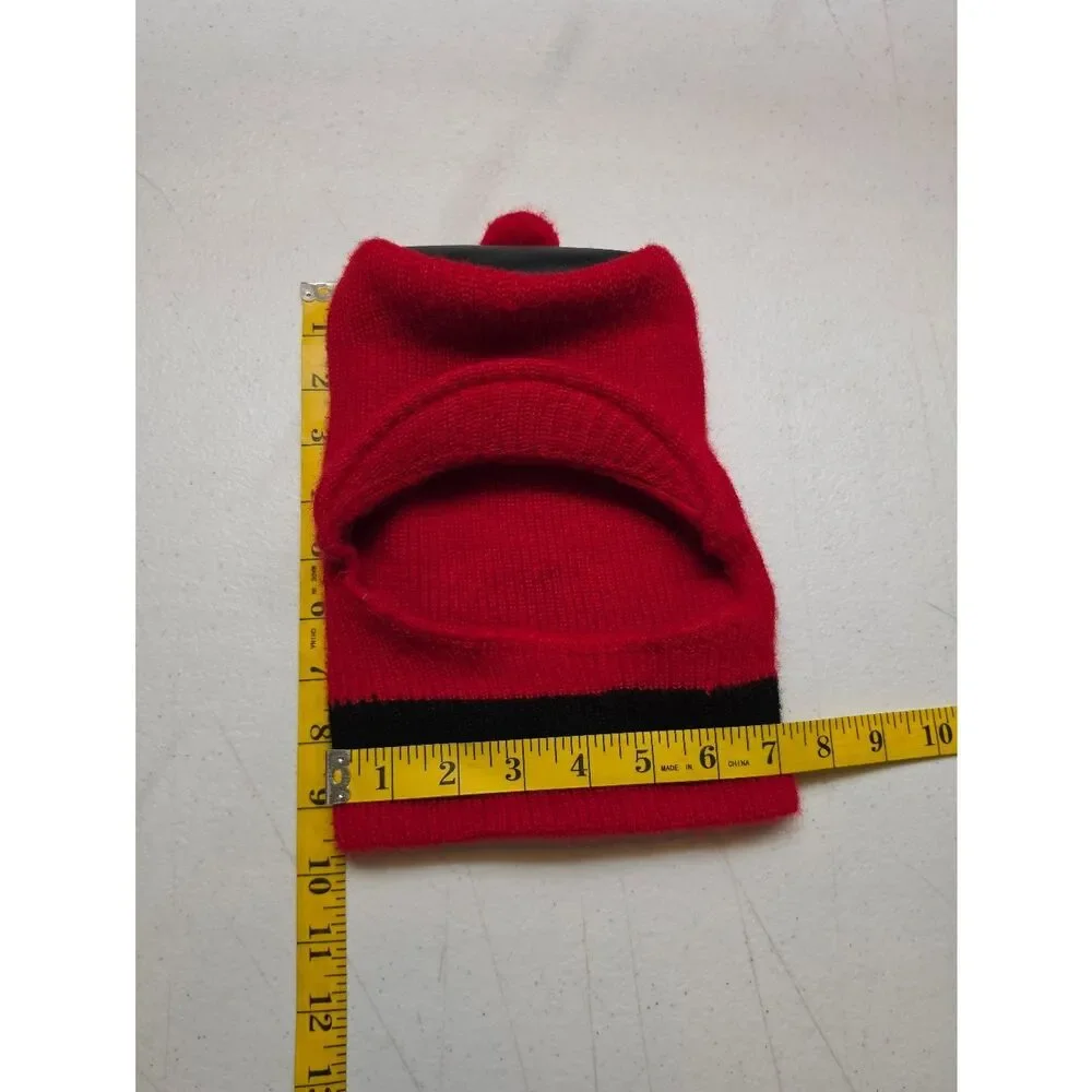 Vintage Red Knit Pom Pom Hat with Black Stripe 60s 70s Infant or Toddler
